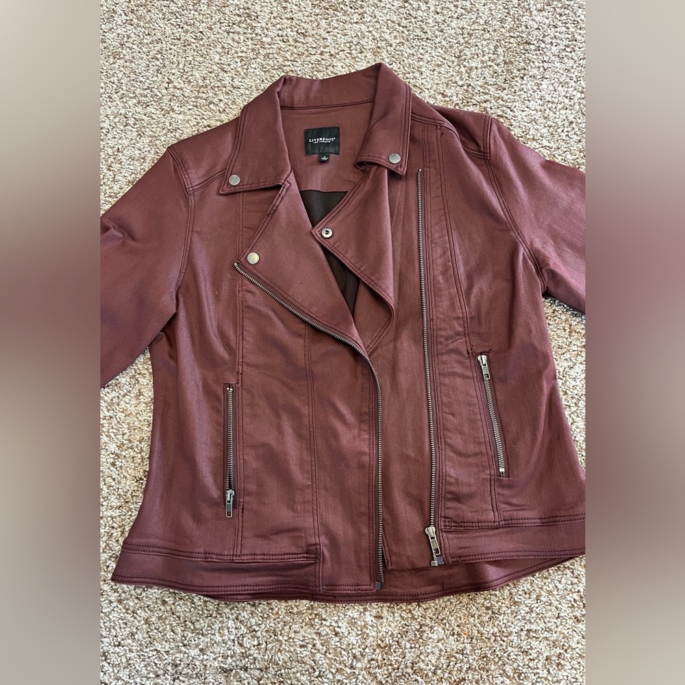 Liverpool Los Angeles Moto Jacket Size Large Stretch Zip Crop Blazer Maroon